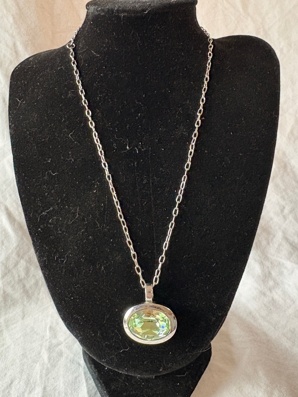 Silver Necklace with Green Oval Crystal Pendant - Women Jewelry